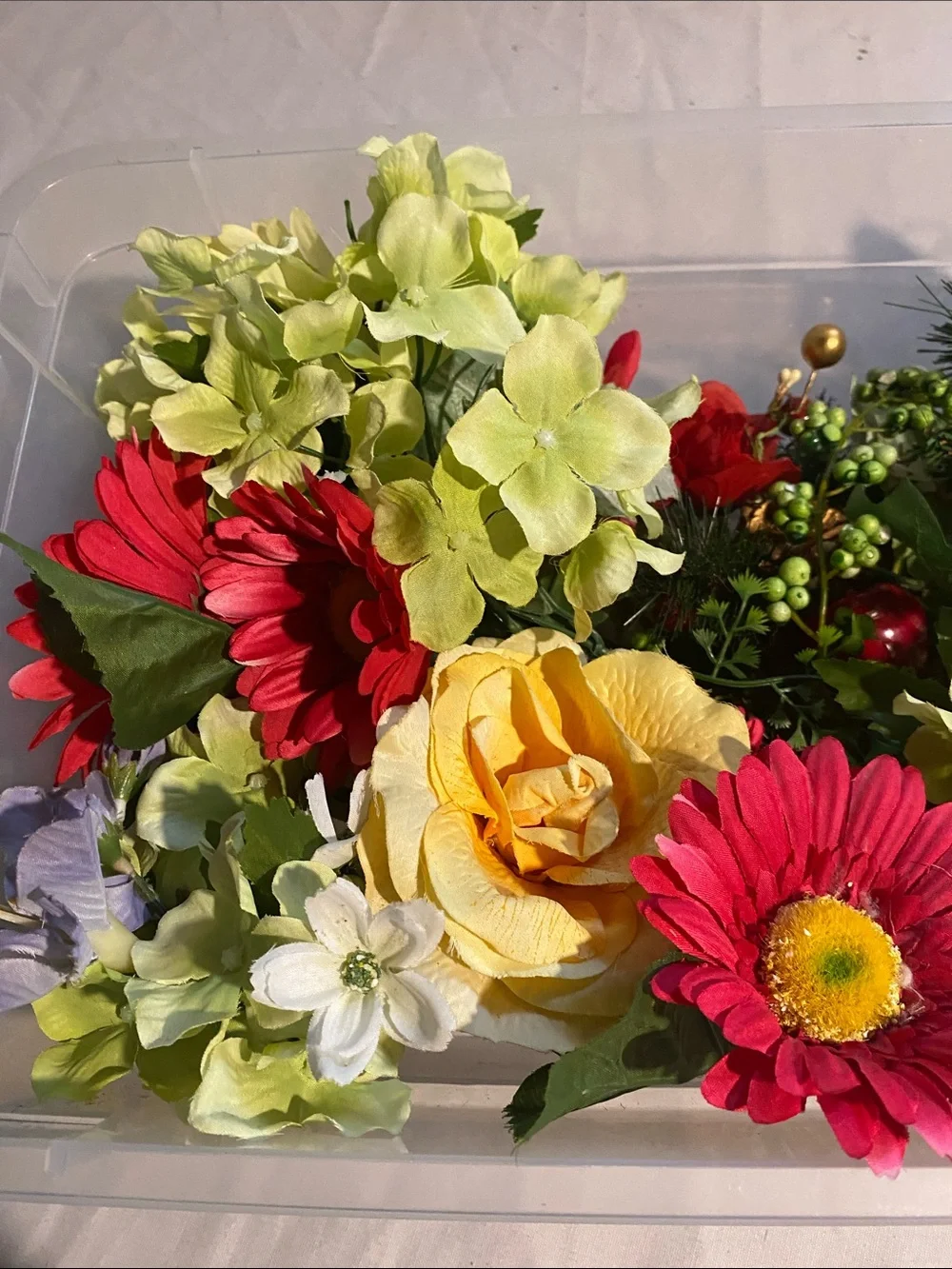 Artificial Mixed Floral Arrangement - Red, Yellow, Green. A variety of items